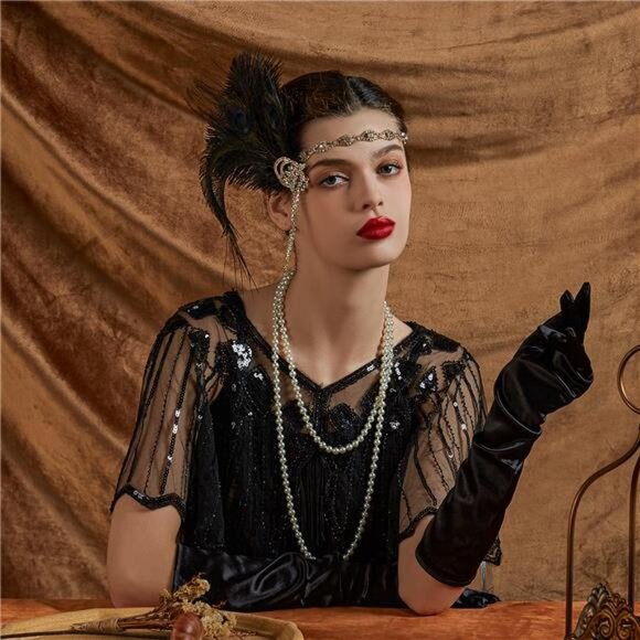 Flapper Headband Ostrich Sequins Black Gold - Picture 4 of 5